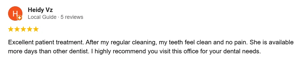 A five-star review praising "Excellent patient treatment" after a dental cleaning from Warner Dental Care.